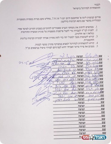 המכתב שעליו חתמו יושבי ראש הקבוצות בליגה א'